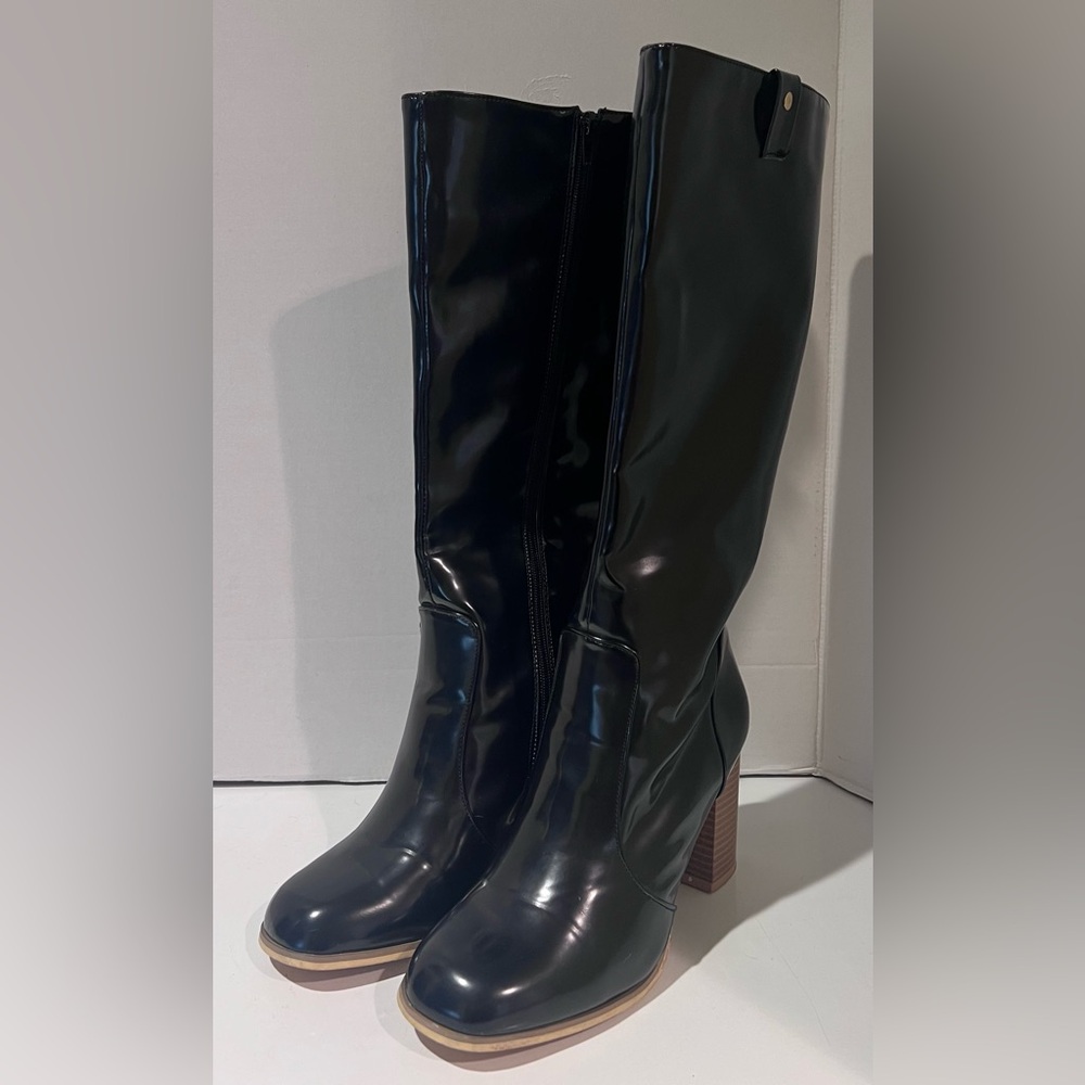 Leila Stone Vegan Black Patent Leather Cynira Knee-High Boots Block Heel Size 10 - Picture 6 of 12